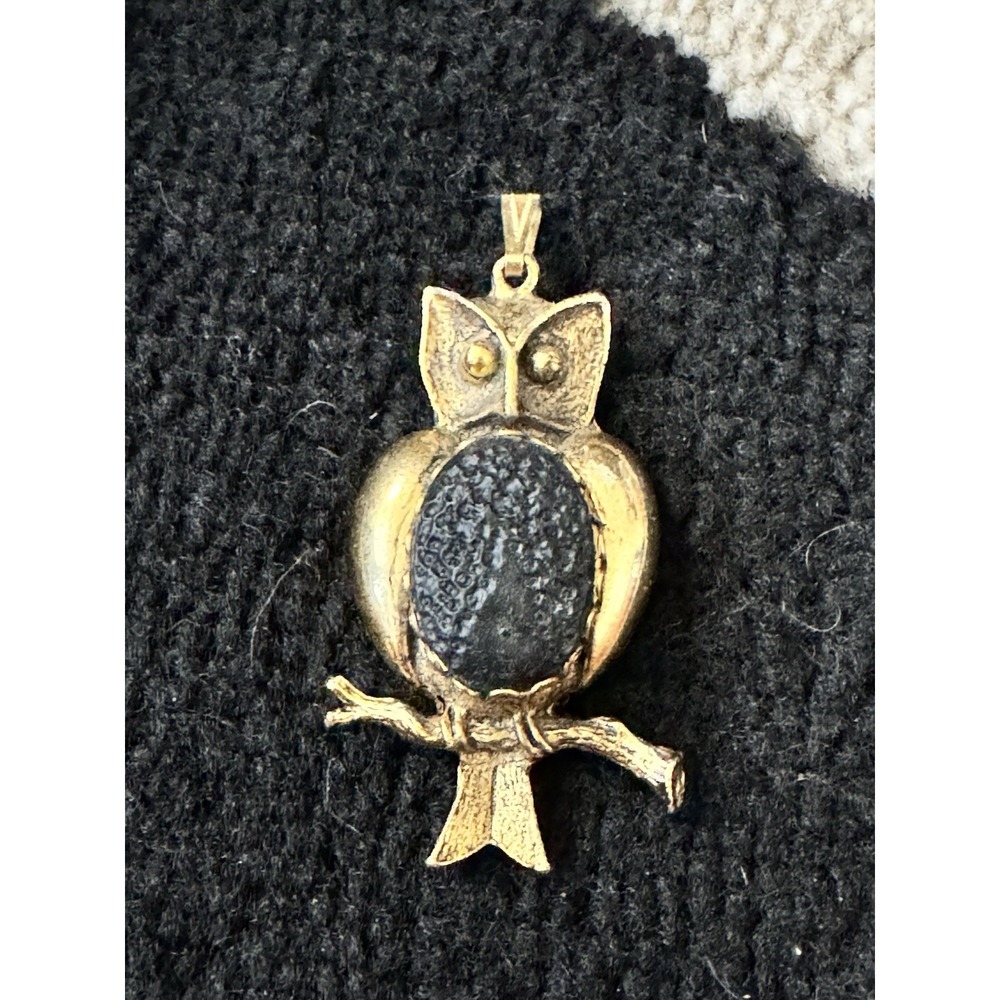 Owl Pendant Gold Tone with Black Onyx‎ Vintage